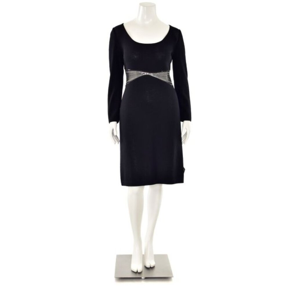 St. John Black Evening Dress with Sparkle Mesh Waist Inset